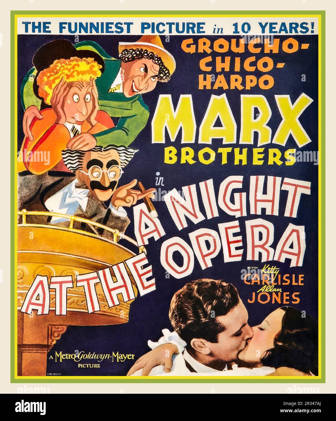 MARX BROTHERS Vintage Movie Film poster for the 1935 film A Night at the Opera. 1935 starring The Marx Brothers, GROUCHO, CHICO, HARPO. with Kitty Carlisle Allen Jones  Illustrated by Al Hirschfeld. Distributed by MGM.Pictures Hollywood USA Stock Photo