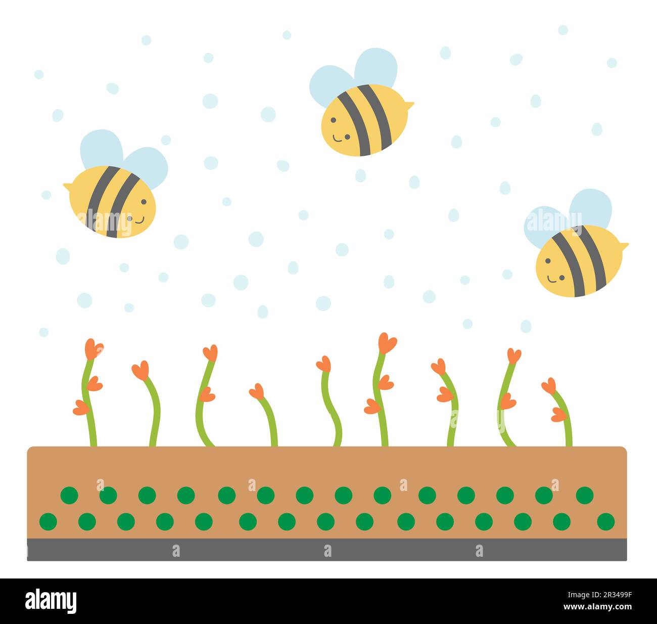 Bees flying over plants. Bees pollinate plants. Vector Stock Vector