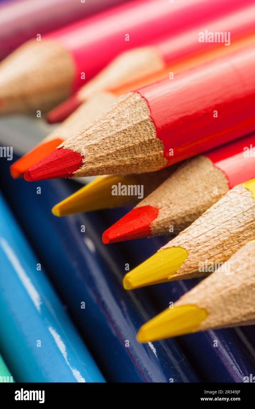 multiple colored pencils grouped together, balearic islands spain. Stock Photo