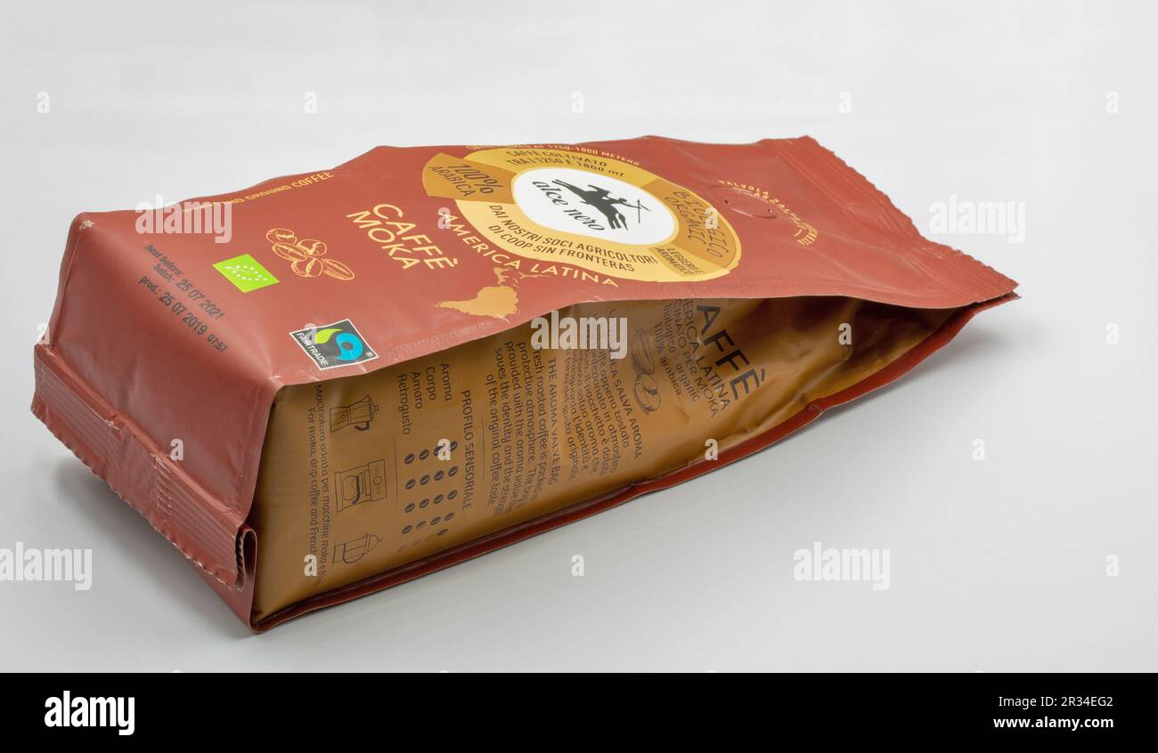 Kyiv, Ukraine - November 21, 2021: Studio shoot of Alce Nero Arabica Latin America ground coffee package closeup on white. Stock Photo