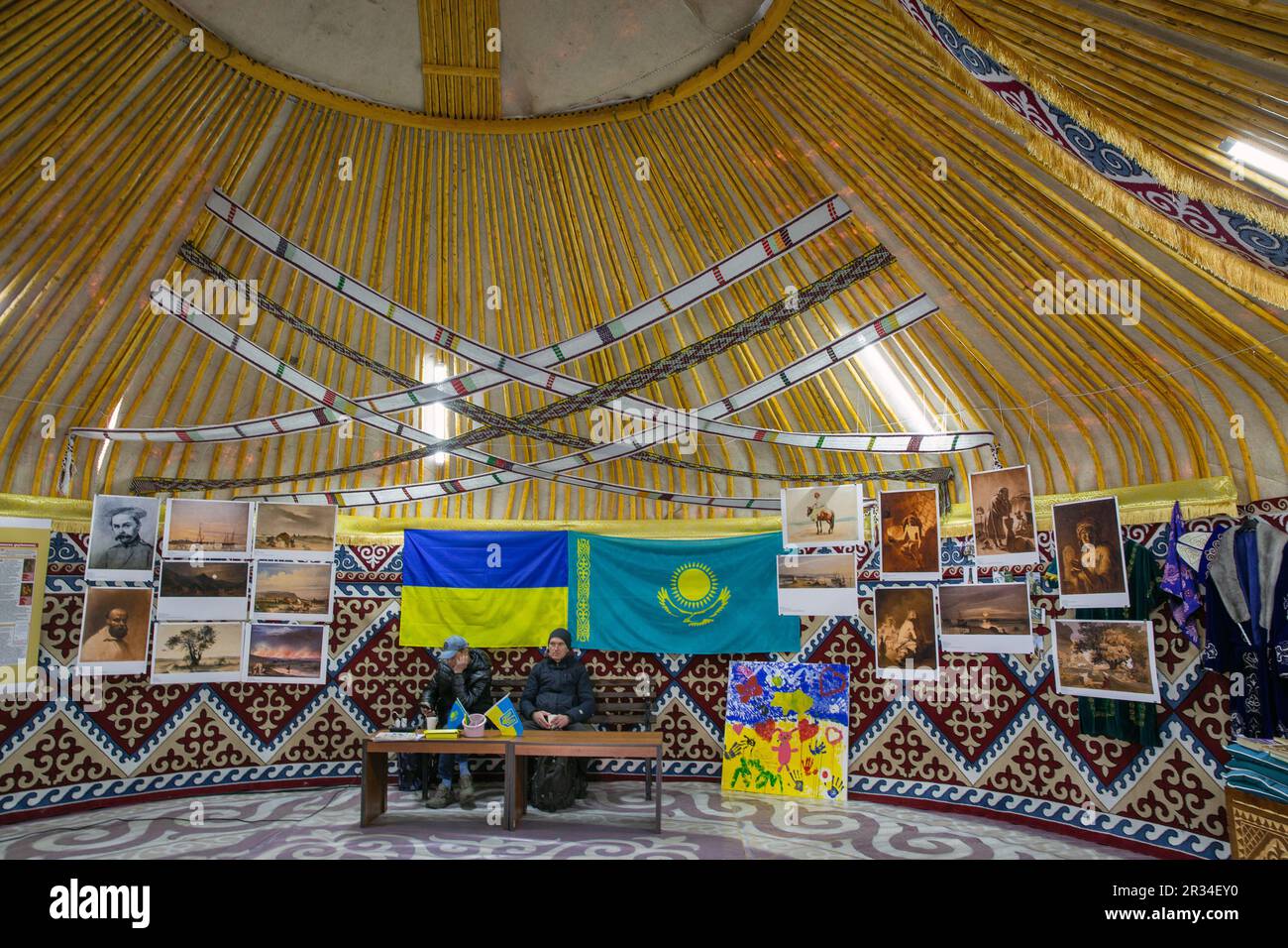 Kyiv, Ukraine - March 18, 2023: People visit Kazakh yurt of invincibility in in war time in Taras Shevchenko park. Stock Photo