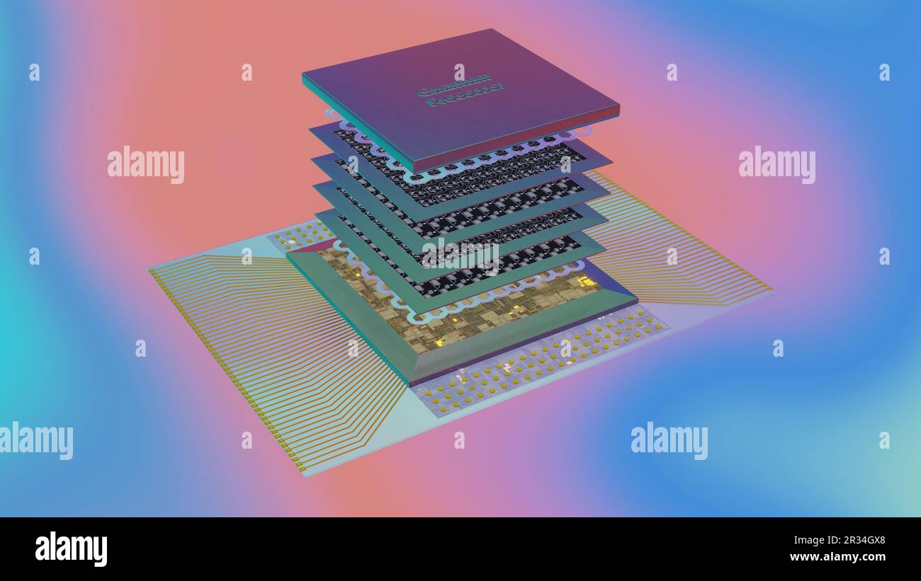 Quantum processor concept with quantum qubits circuit board made of ...