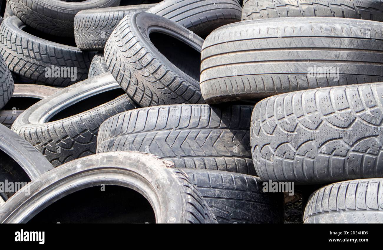 Industrial landfill for recycling used tires and rubber tires. Old used