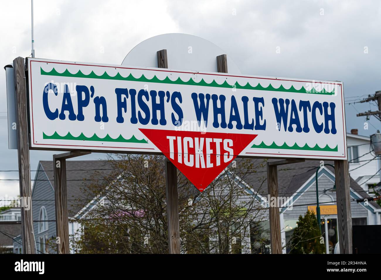 Sign for Cap'n Fish's whale watch boat trips in  Boothbay Harbor, Maine, USA. Stock Photo