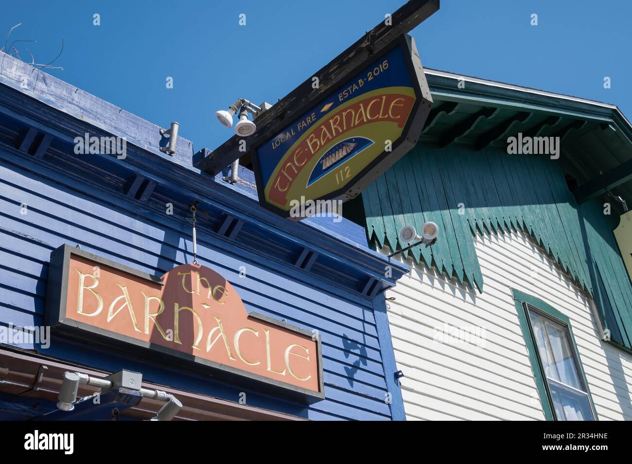 Sign for the Barnacle pub and oyster bar in Bar Harbor, Maine, USA. Stock Photo