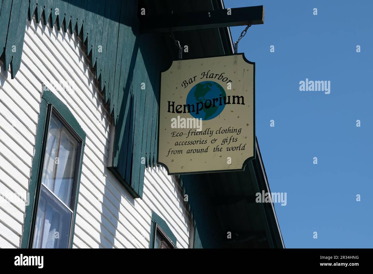 Sign for the Hemporium shop selling eco-friendly clothing and gifts in Bar Harbor, Maine, USA. Stock Photo