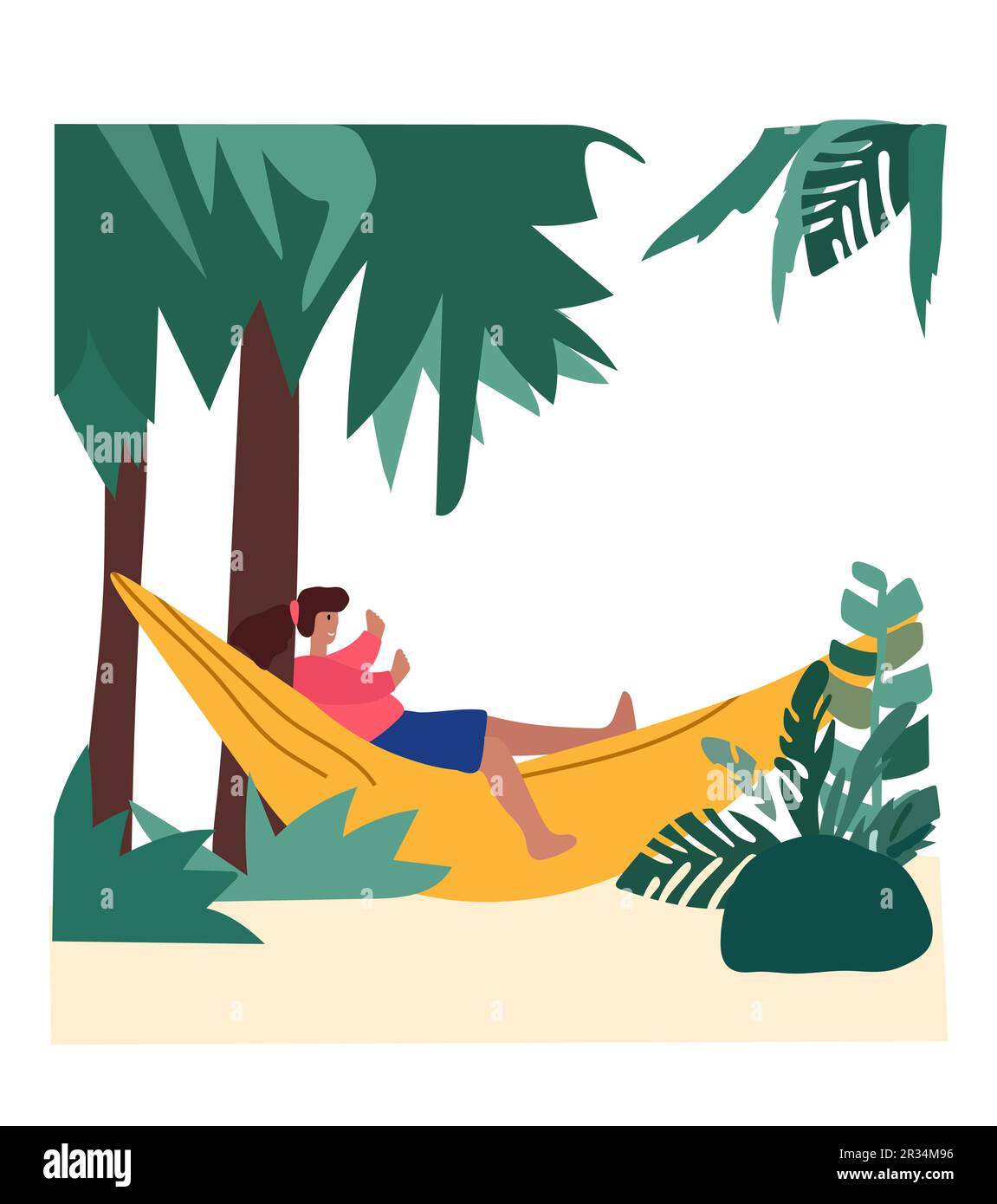 People reclining in shoreline hammocks, basking in the joy of summertime escapes and open-air events. Relishing leisure moments or staying productive in comfortable hanging swings. Vector. Stock Vector
