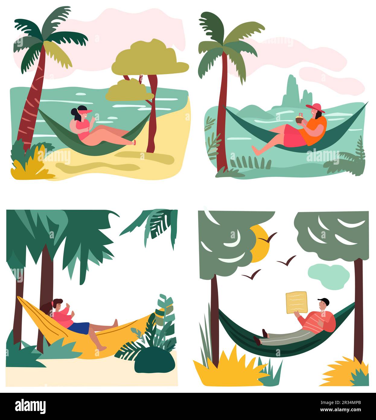 People unwinding by the seaside. People lounging in beachside hammocks ...