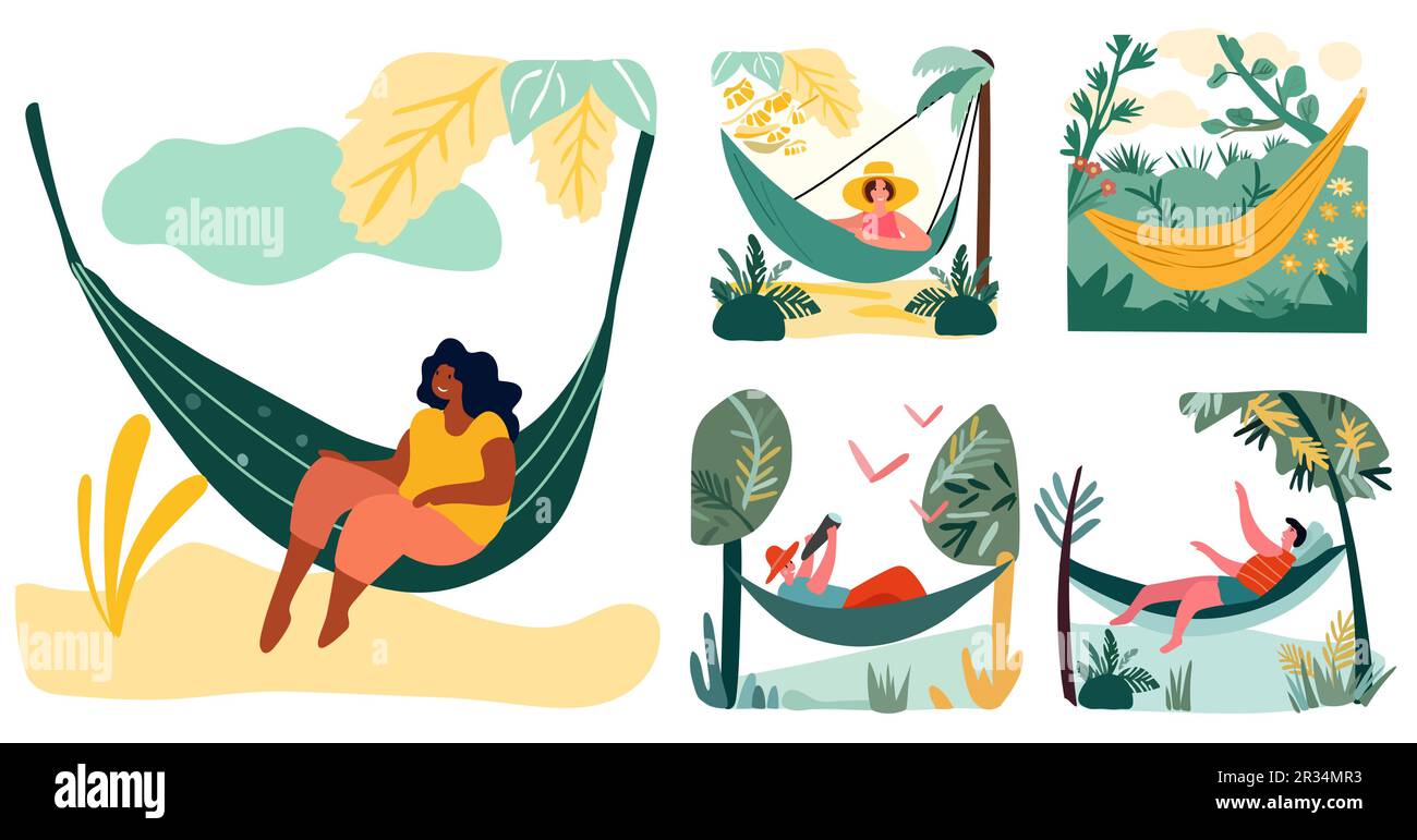 People reclining in shoreline hammocks, basking in the joy of summertime escapes and open-air events. Relishing leisure moments or staying productive in comfortable hanging swings. Vector. Stock Vector