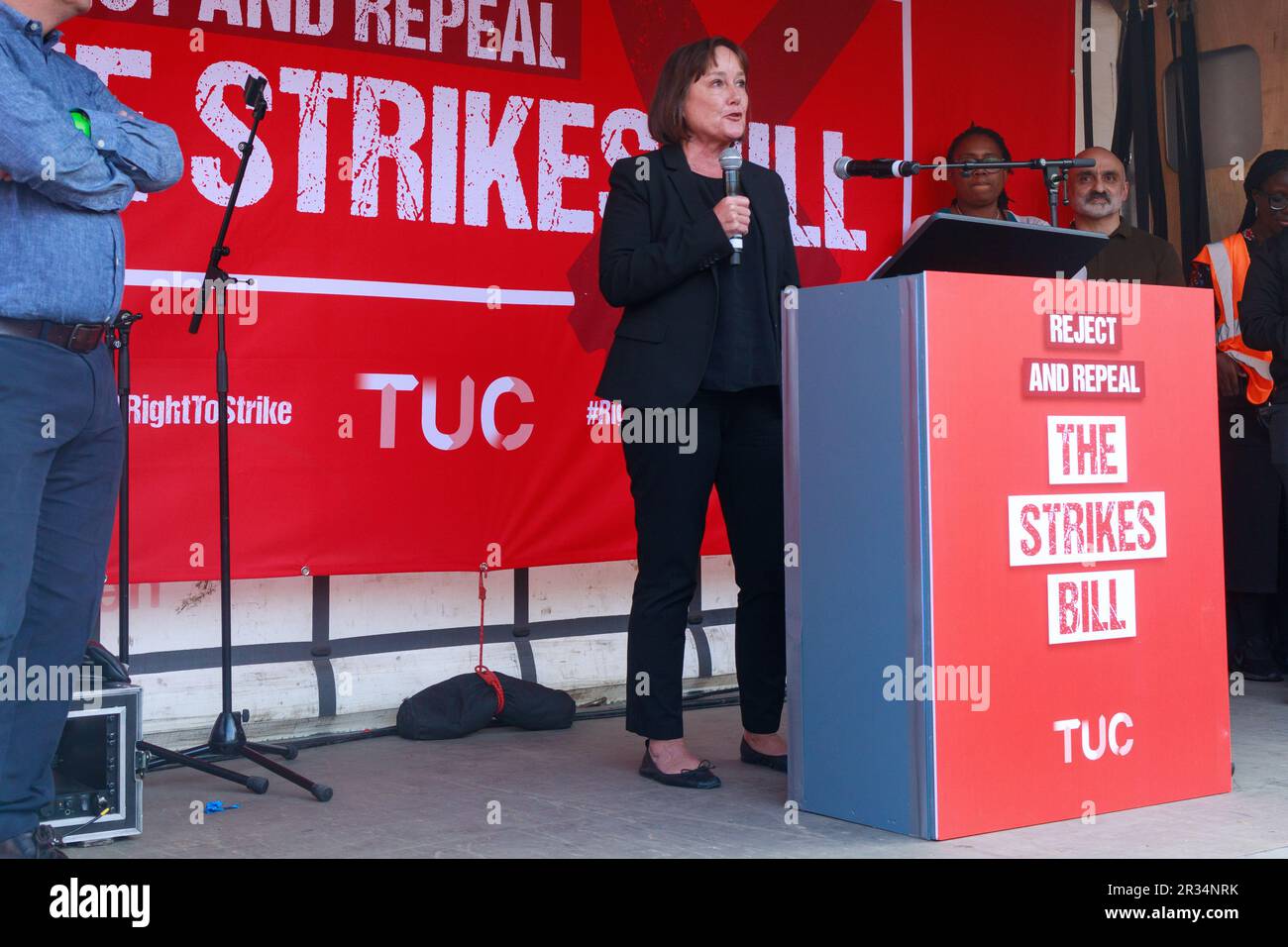 London, England, UK. 22nd May, 2023. Protect the Right to Strike TUC protest against the governments proposed strikes bill at Parliament Square. Speakers included Mick Lynch of the TUC and Labour MP Jo Stevens Credit: Denise Laura Baker/Alamy Live News Stock Photo