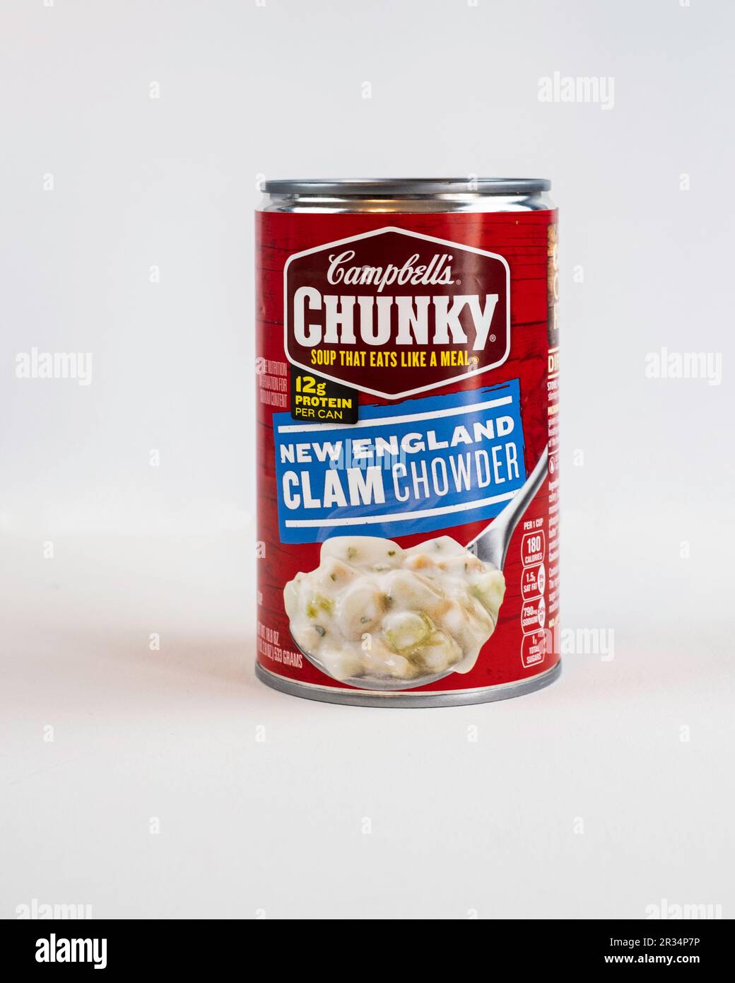 Can of Campbell's New England Clam Chowder isolated on white. USA. Stock Photo