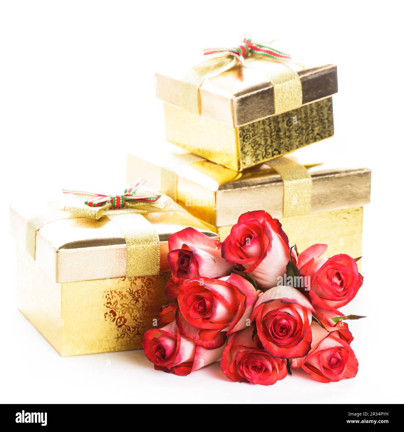 Gift box and bouquet of roses Stock Photo