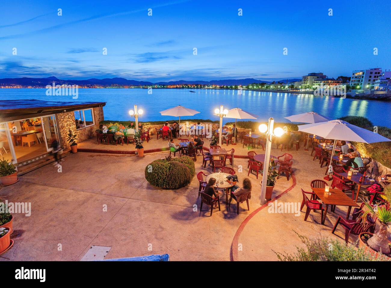 terrace restaurant El Peñon at dusk, Coll Den Rabassa, Palma, mallorca, balearic islands, spain, europe. Stock Photo