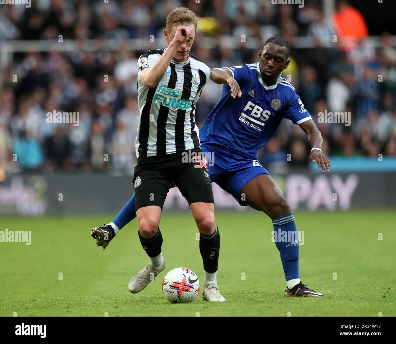 Newcastle, UK. 22nd May 2023Newcastle United's Sean Longstaff in action with Leicester City's Boubakary Soumare during the Premier League match between Newcastle United and Leicester City at St. James's Park, Newcastle on Monday 22nd May 2023. (Photo: Mark Fletcher | MI News) Credit: MI News & Sport /Alamy Live News Stock Photo