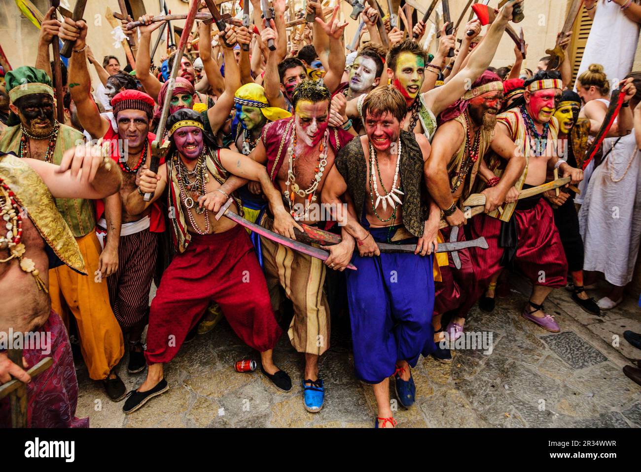 Prelude to the battle. Moors and Christians. Pollensa. Tramuntana mountains. Majorca. Balearic Islands. Spain. Stock Photo