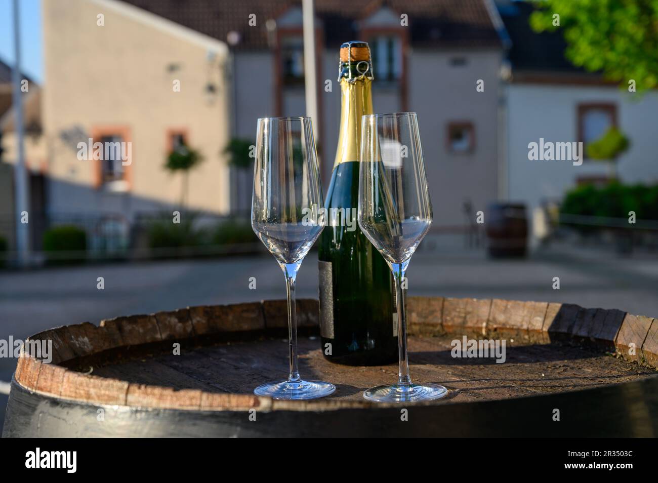 Tasting of premier cru sparkling white wine with bubbles champagne with