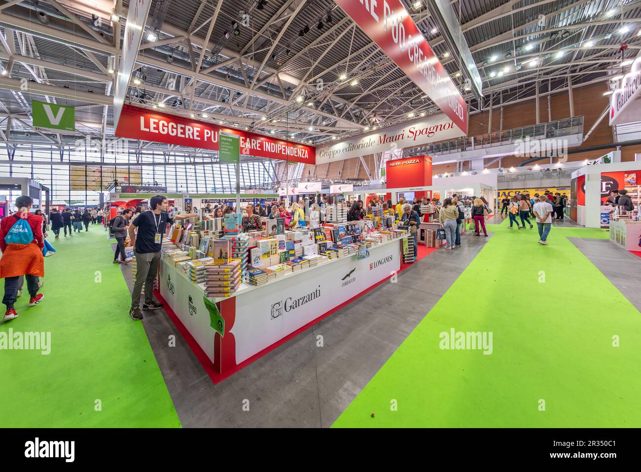 Turin, Italy - 2023 May 22: books displayed on stands of publishers in Oval pavilion of Salone Internazionale del Libro di Torino (International Turin Stock Photo