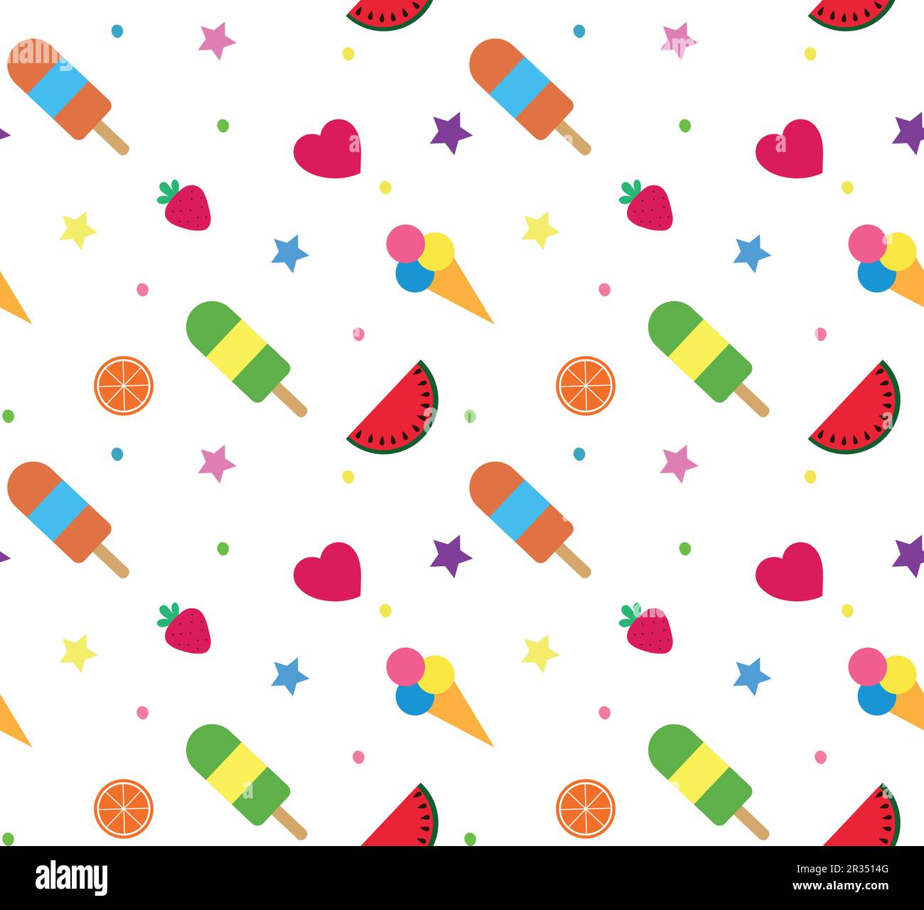 Colorful summer seamless pattern with tropical fruits and ice cream on white background. Stock Vector