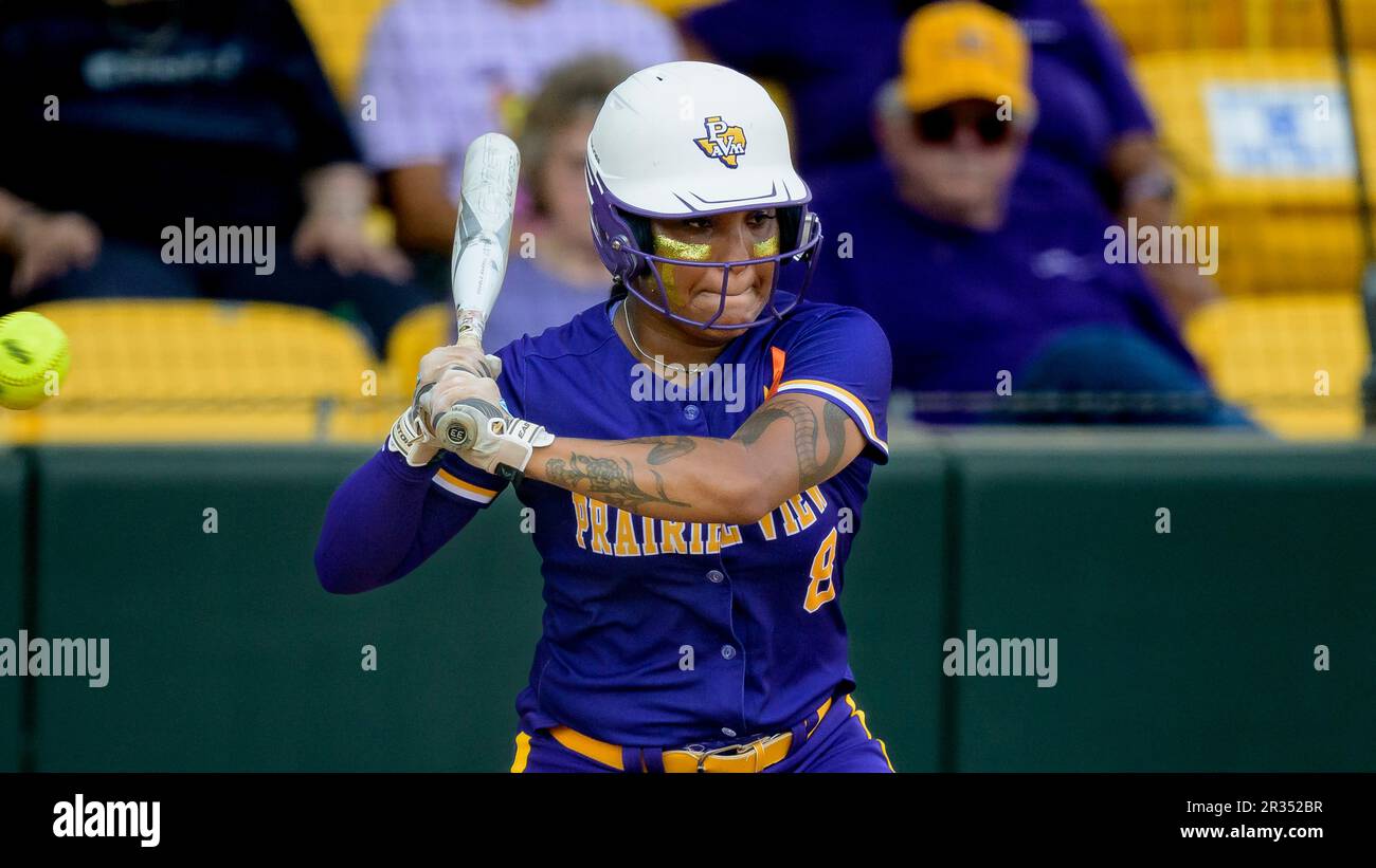 Prairie View outfielder Maya Barnes (8) bats during an NCAA softball