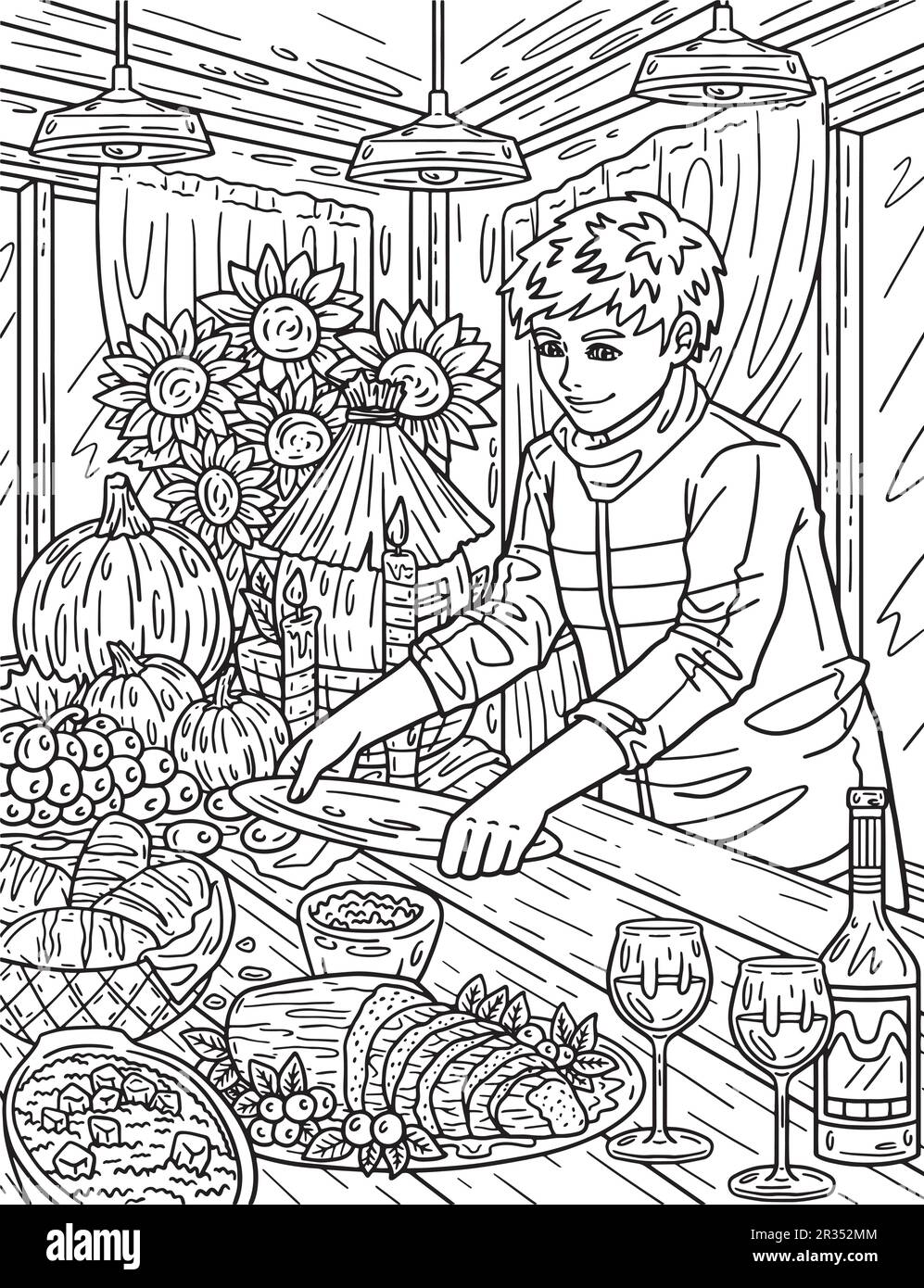 Thanksgiving Boy Setting Table Adults Coloring Stock Vector Image & Art