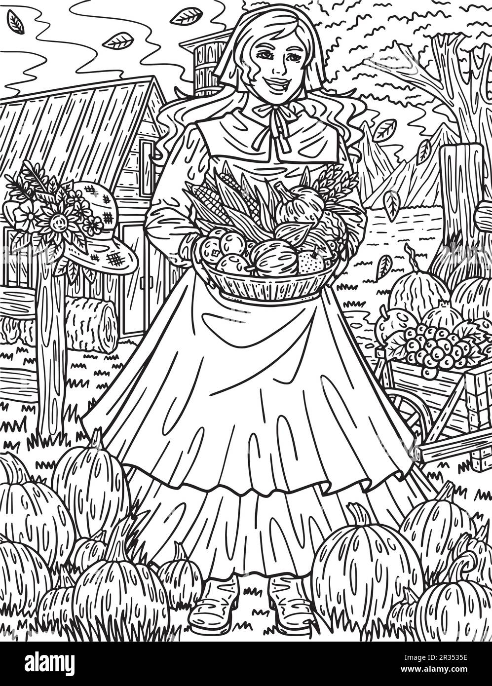 Thanksgiving Woman Carrying Harvest Adult Coloring Stock Vector Image ...