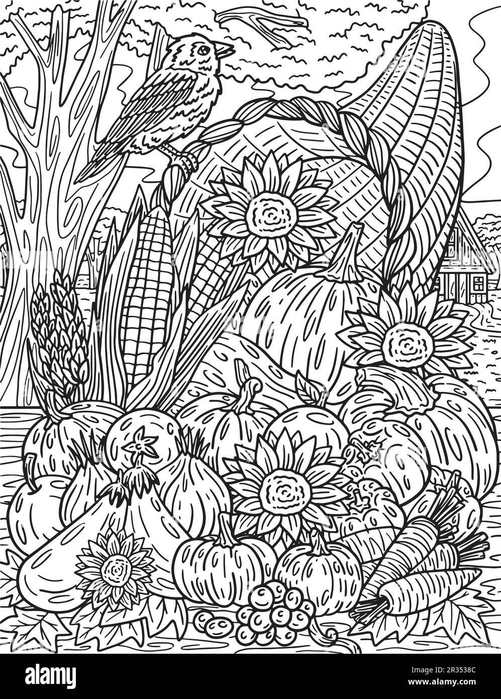 Thanksgiving Cornucopia Harvest Adults Coloring Stock Vector Image ...