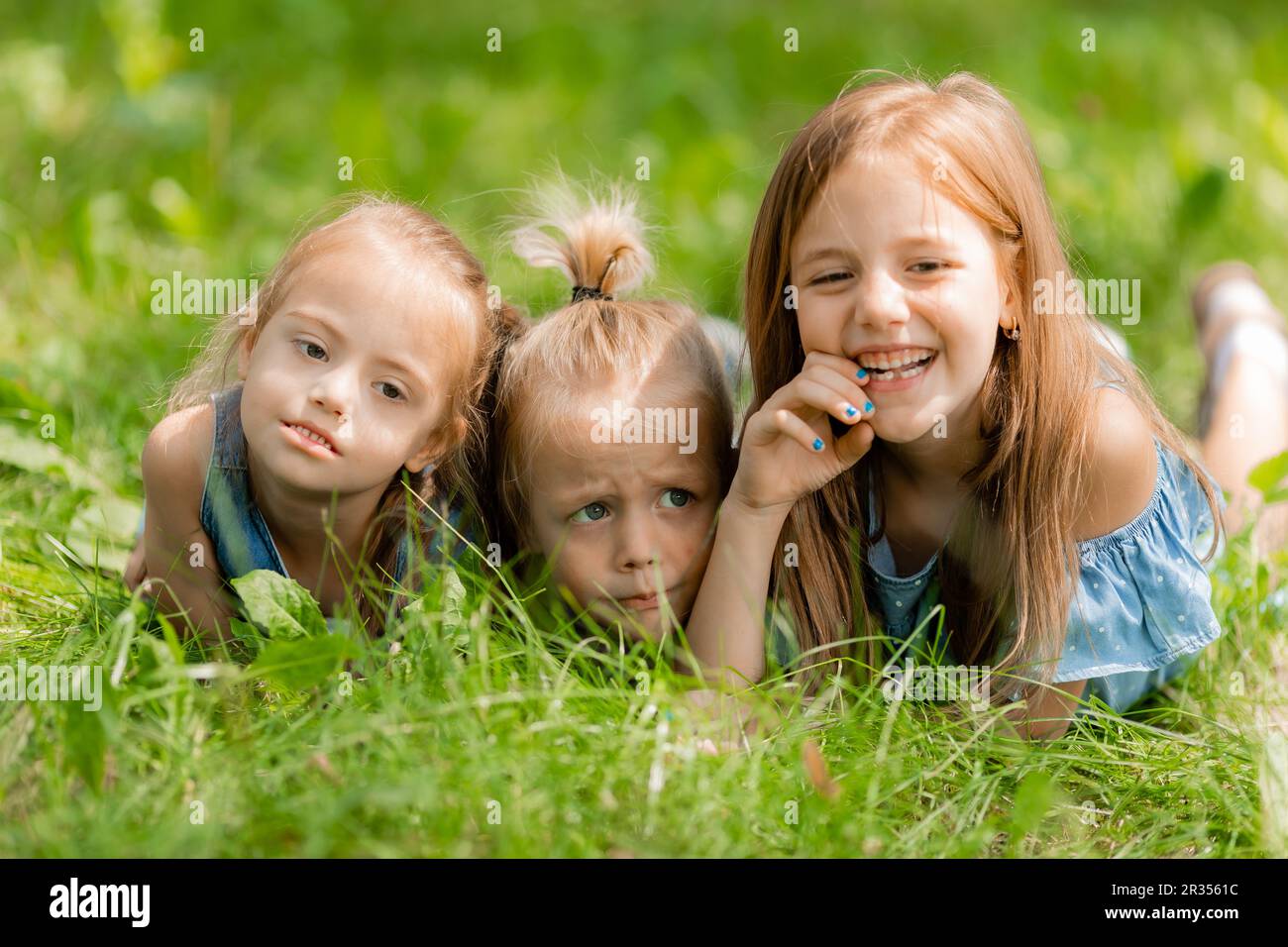 three small children lie in the green grass in summer. Happy childhood. A child with down syndrome. High quality photo Stock Photo