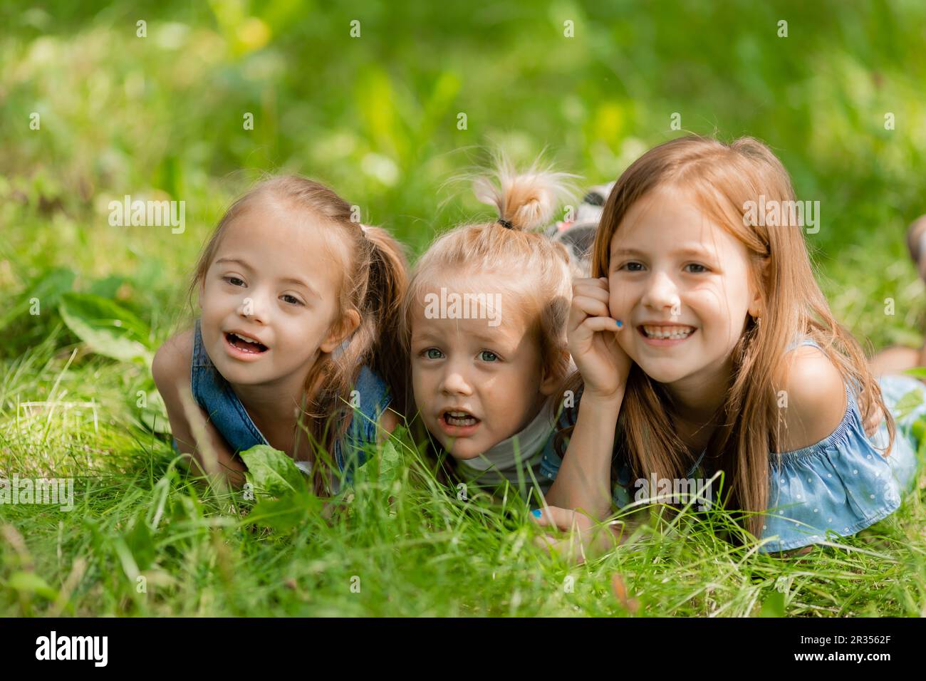 three small children lie in the green grass in summer. Happy childhood. A child with down syndrome. High quality photo Stock Photo