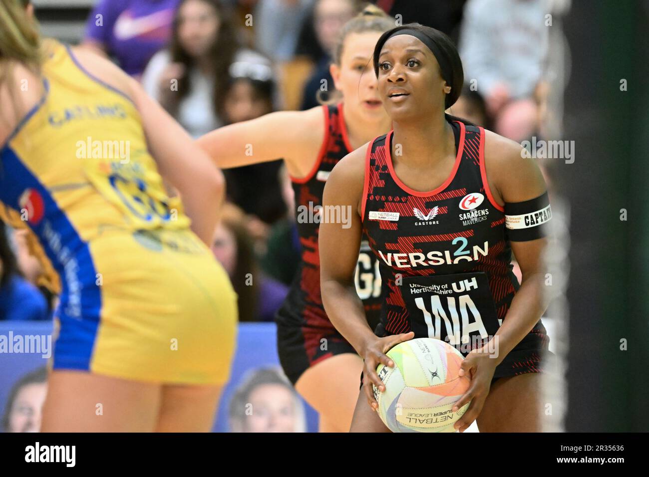 Action from the Netball Superleague match between Saracens Mavericks and Team Bath at the Herts Sports Village, Hatfield, UK on 22 May 2023. Photo by Phil Hutchinson. Editorial use only, license required for commercial use. No use in betting, games or a single club/league/player publications. Credit: UK Sports Pics Ltd/Alamy Live News Stock Photo