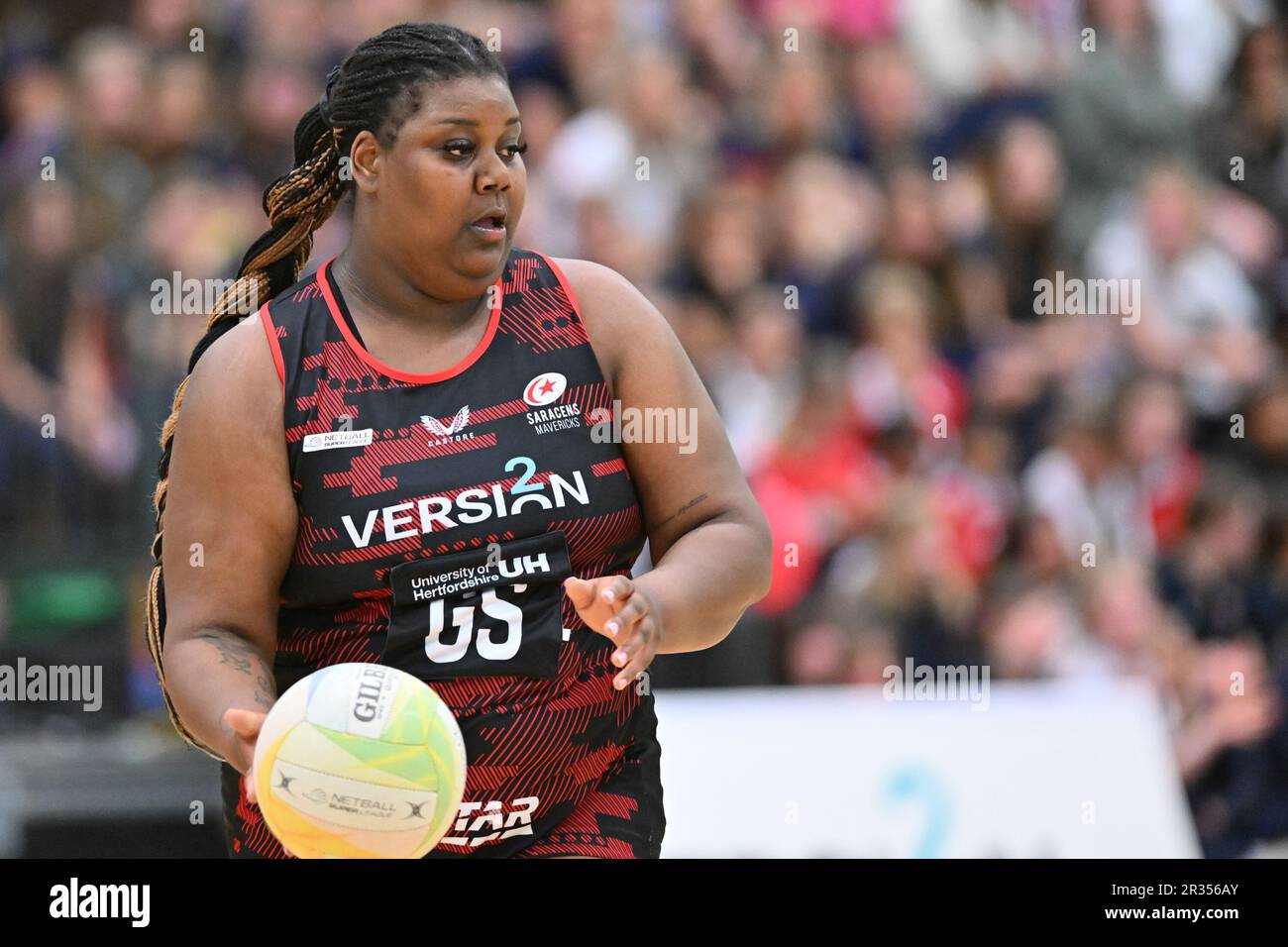 Action from the Netball Superleague match between Saracens Mavericks and Team Bath at the Herts Sports Village, Hatfield, UK on 22 May 2023. Photo by Phil Hutchinson. Editorial use only, license required for commercial use. No use in betting, games or a single club/league/player publications. Credit: UK Sports Pics Ltd/Alamy Live News Stock Photo