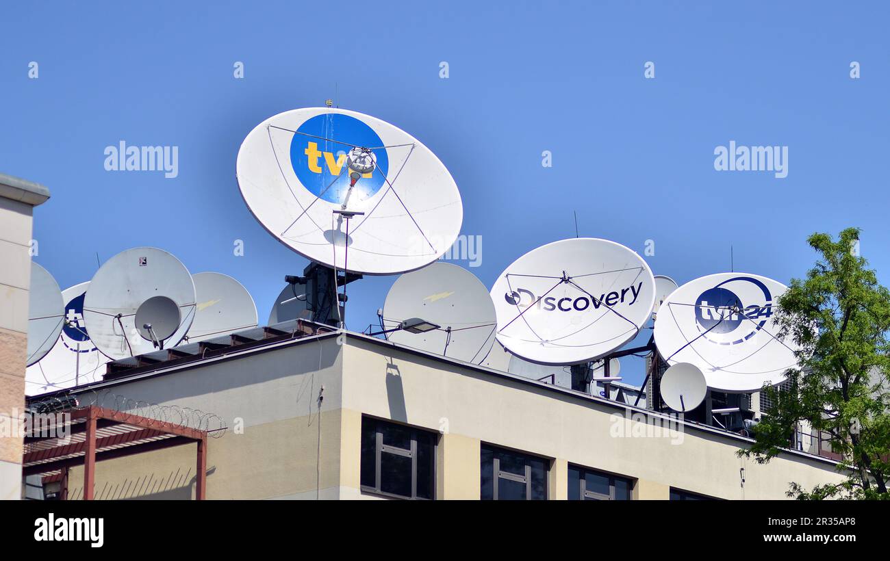 Warsaw, Poland. 21 May 2021. Satellite antennas on the roof of the building of the TVN Warner Bros. Discovery tv station. Stock Photo