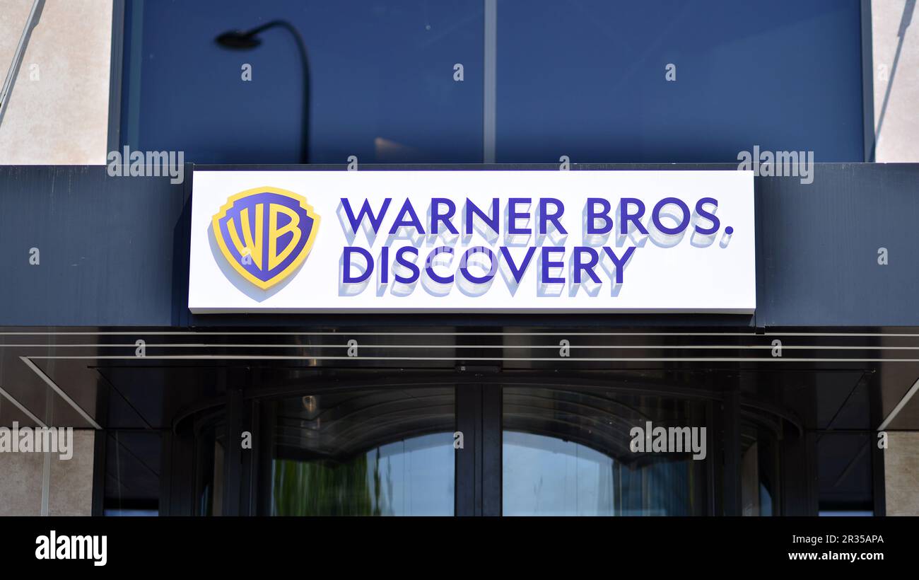 Warsaw, Poland. 21 May 2021. Sign Warner Bros. Discovery. Company signboard Warner Bros. Discovery Stock Photo