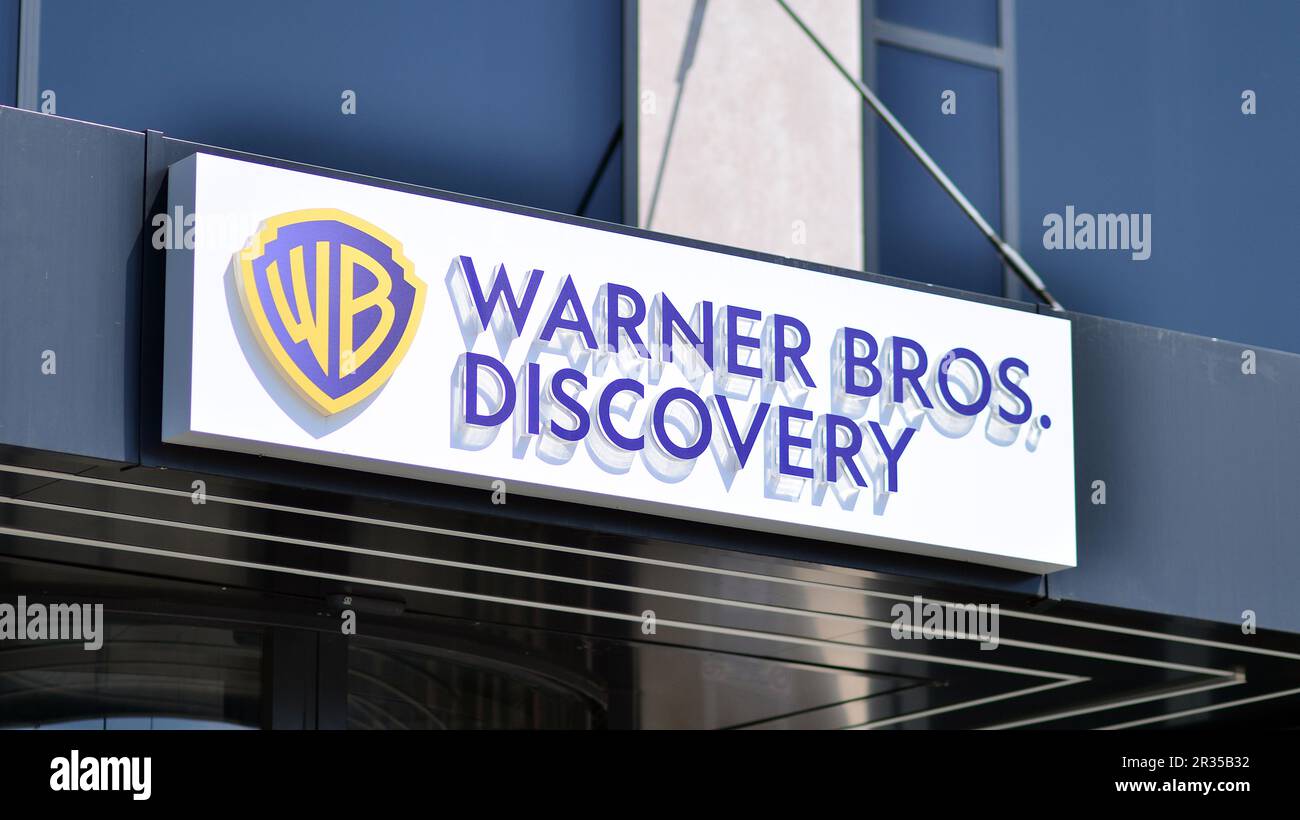 Warsaw, Poland. 21 May 2021. Sign Warner Bros. Discovery. Company signboard Warner Bros. Discovery Stock Photo