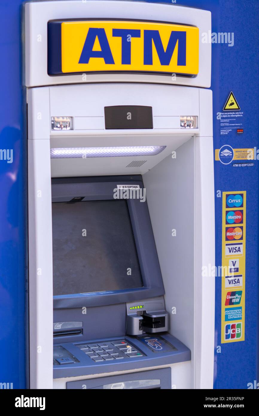 Atm machines in Portugal, Europe. Cash retrieving machines on the streets. Stock Photo