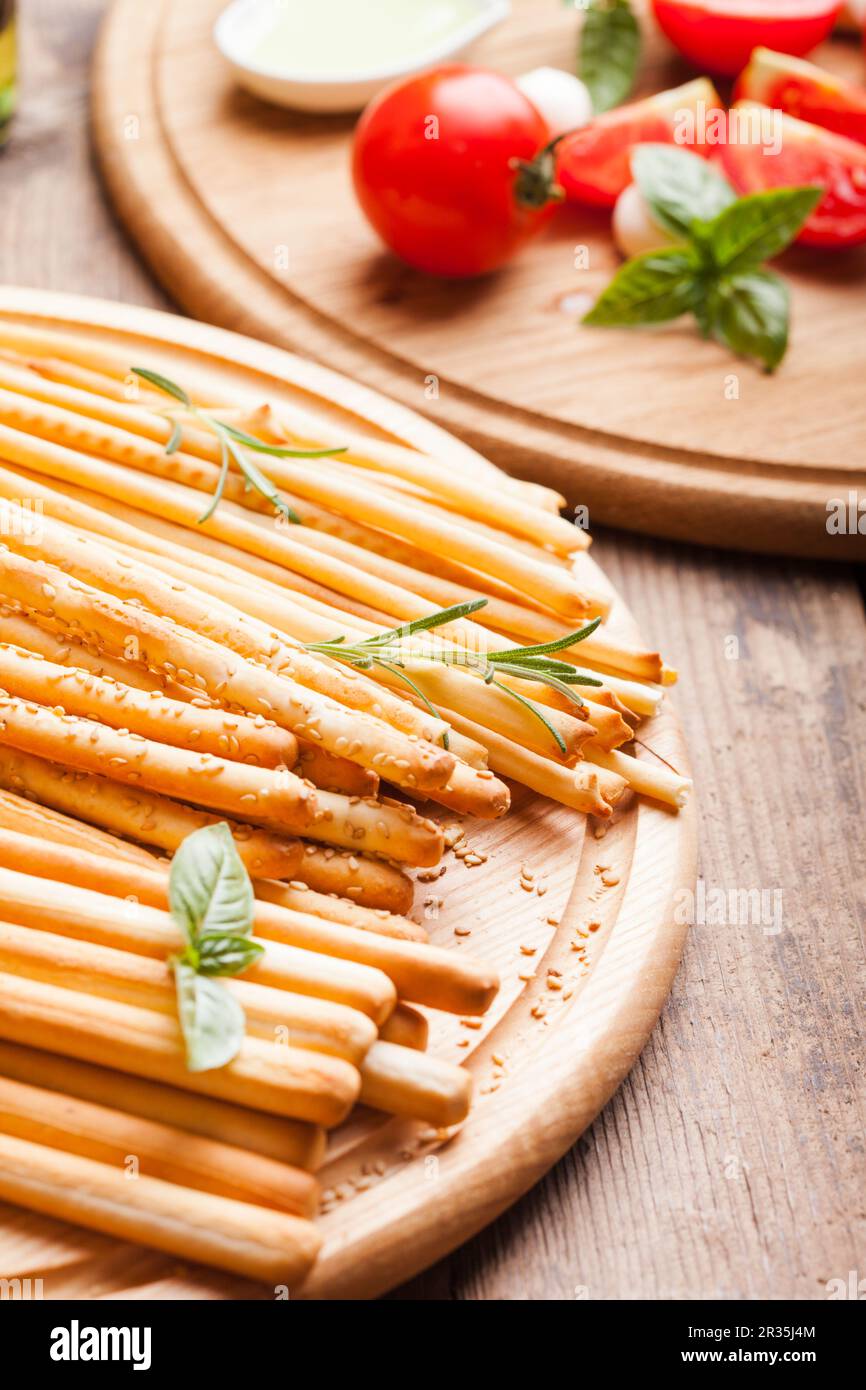 Different types of grissini tradition Italian breadsticks Stock Photo