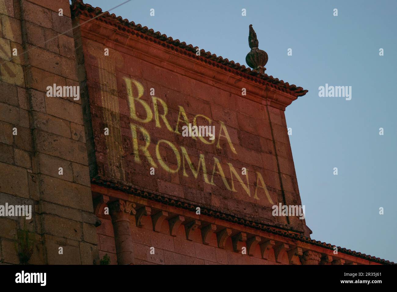 Braga Romana social and cultural event in North Portugal. Lights projection of logos or brands. Stock Photo