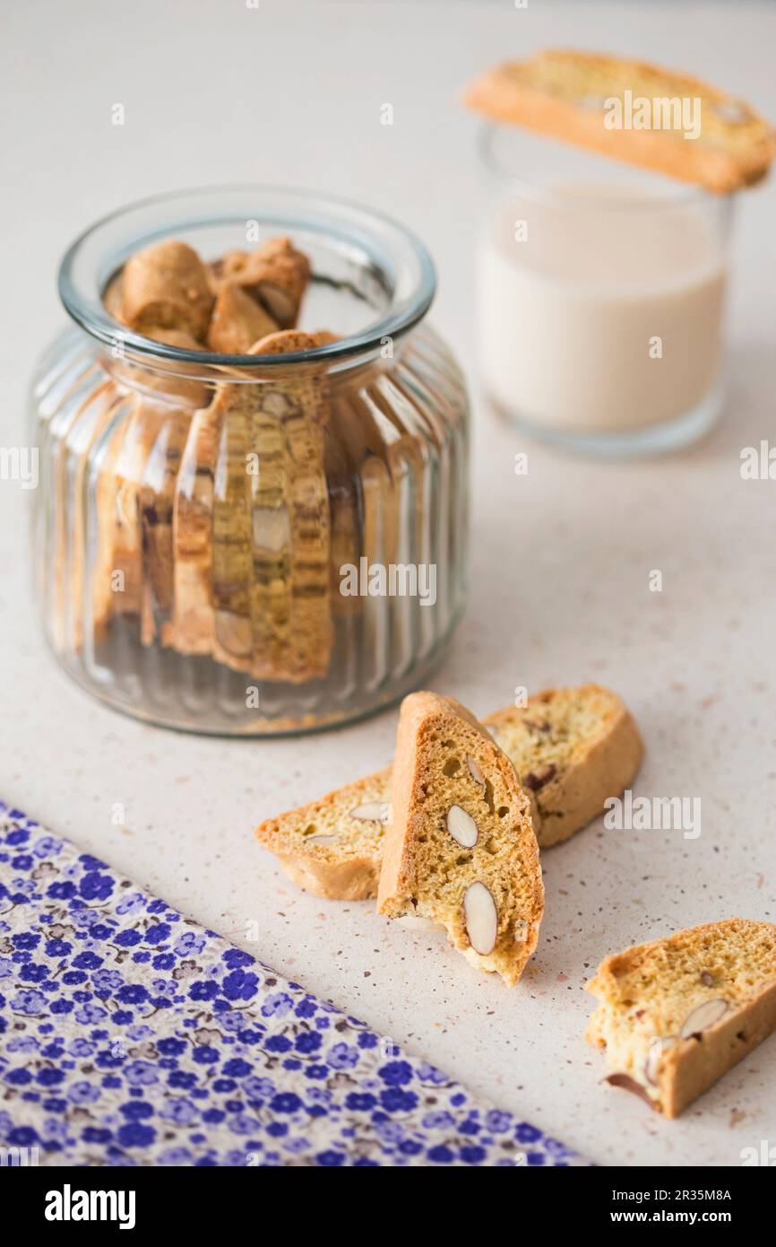 Cantuccini (biscotti di prato) with almonds in a jar Stock Photo Alamy