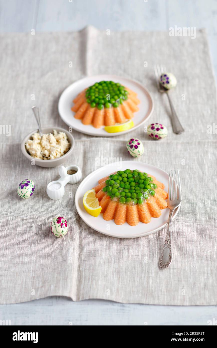 Salmon mousse with gelatine, peas and horseradish for Easter Stock