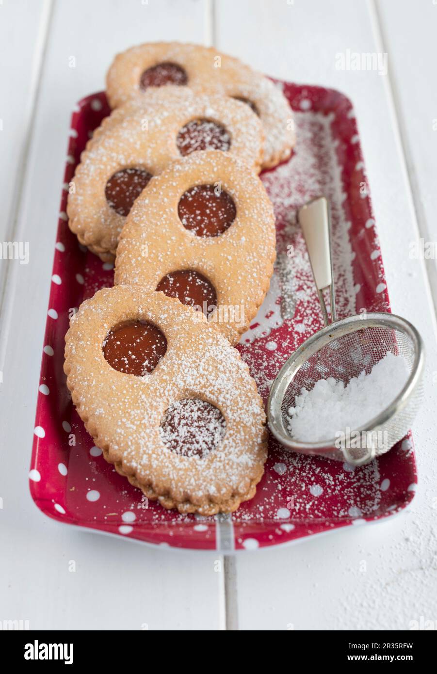 Strawberry jam round shortbread cookies Stock Photo Alamy
