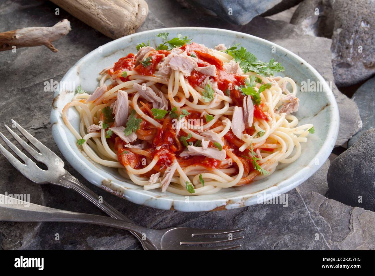 Spaghetti with tuna fish and tomato sauce Stock Photo Alamy