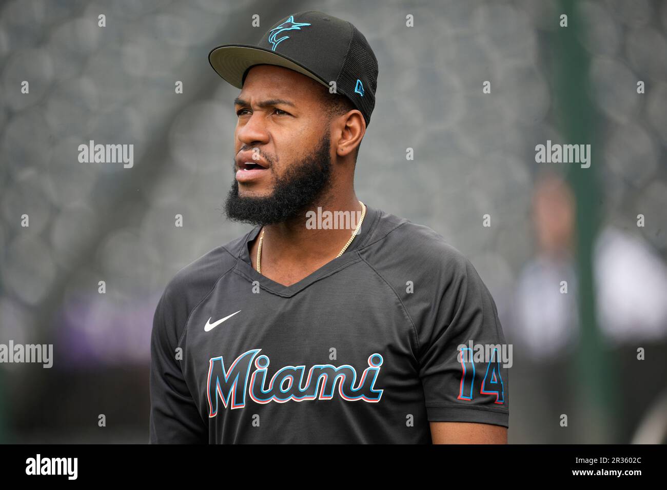 Miami Marlins left fielder Bryan De La Cruz warms up before a baseball ...