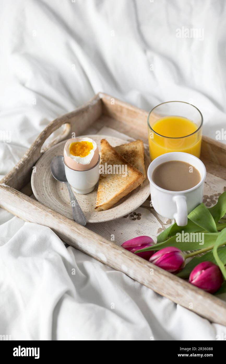 A breakfast tray in bed with a soft-boiled egg, toast, coffee and orange juice for Mother's Day Stock Photo