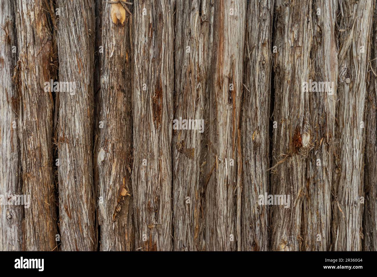 Old wooden log fence with rough grain texture Stock Photo