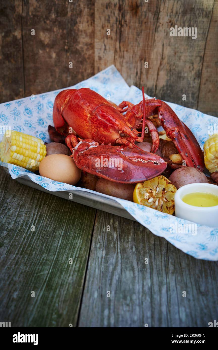 Cooked lobster with corn cobs and potatoes Stock Photo Alamy
