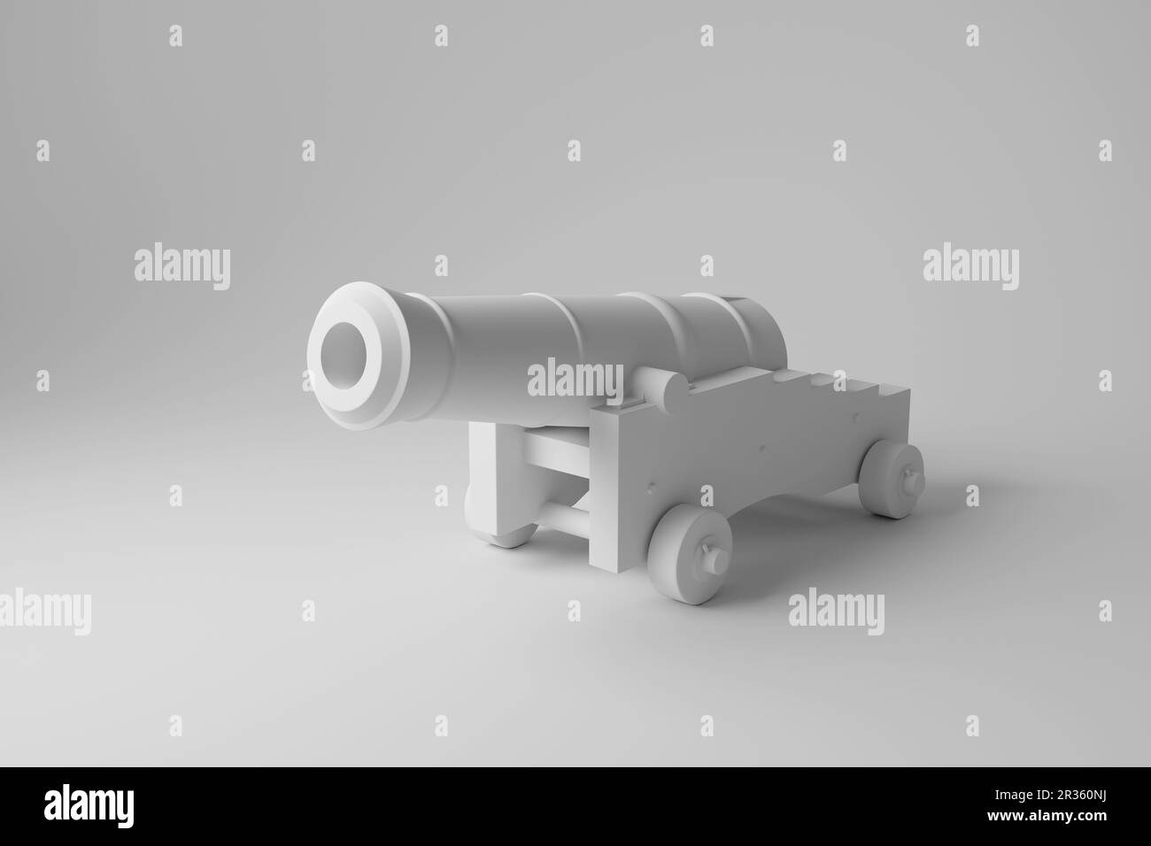 Stylized white cannon on white background with shadow in grayscale monochrome. Illustration of the concept of war, conflict and weaponry Stock Photo