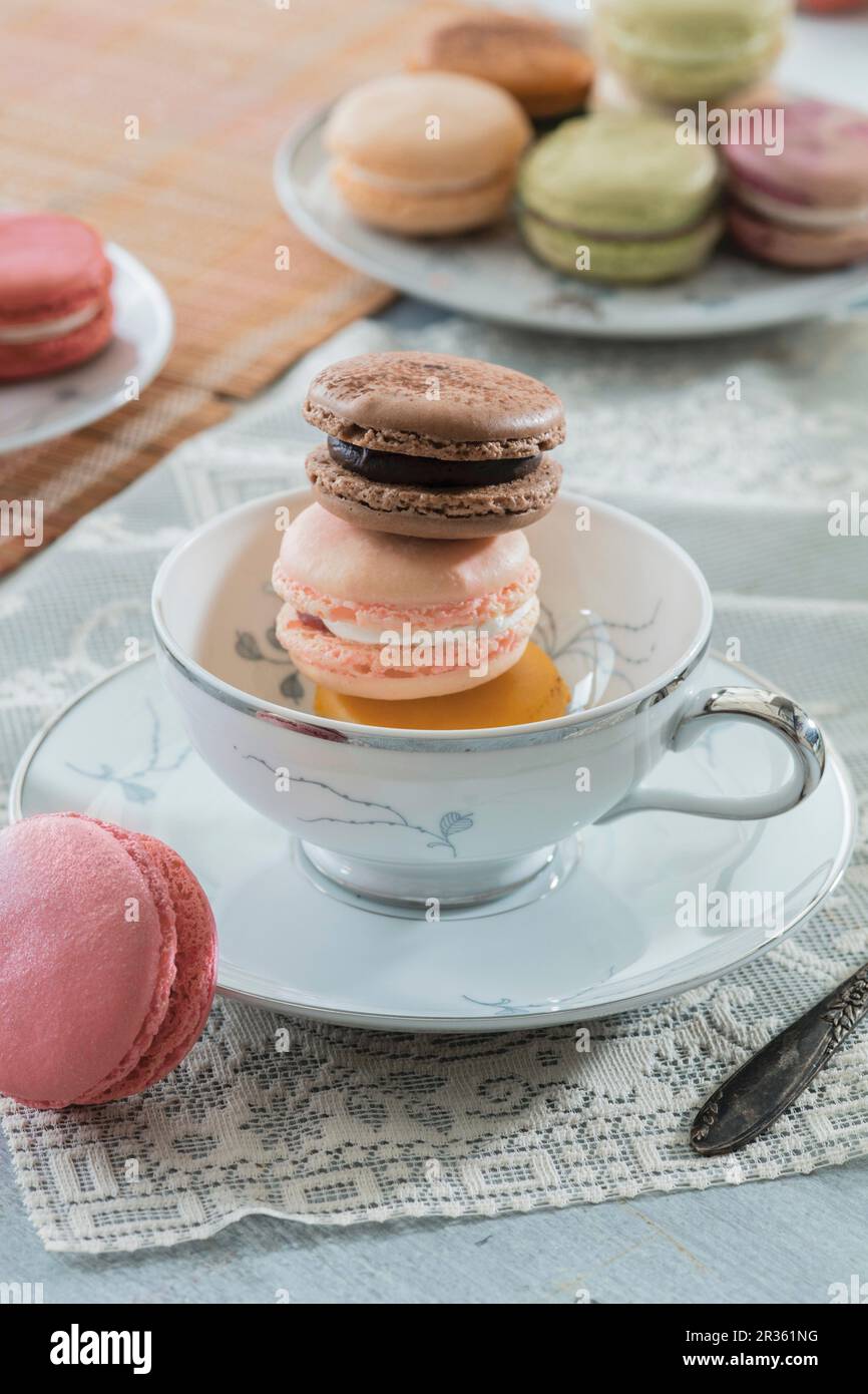 Macaroons in a tea cup and on a plate Stock Photo