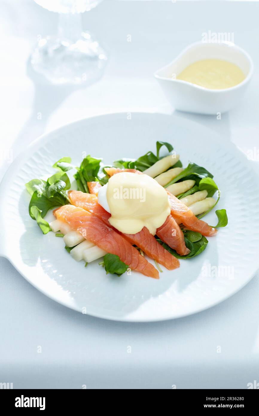 White asparagus with salmon, poached egg and Hollandaise sauce Stock