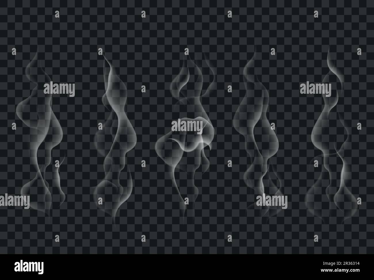 Set of realistic hookah smoke isolated on transparent background. Vector illustration of white cloudy hot steam Stock Vector