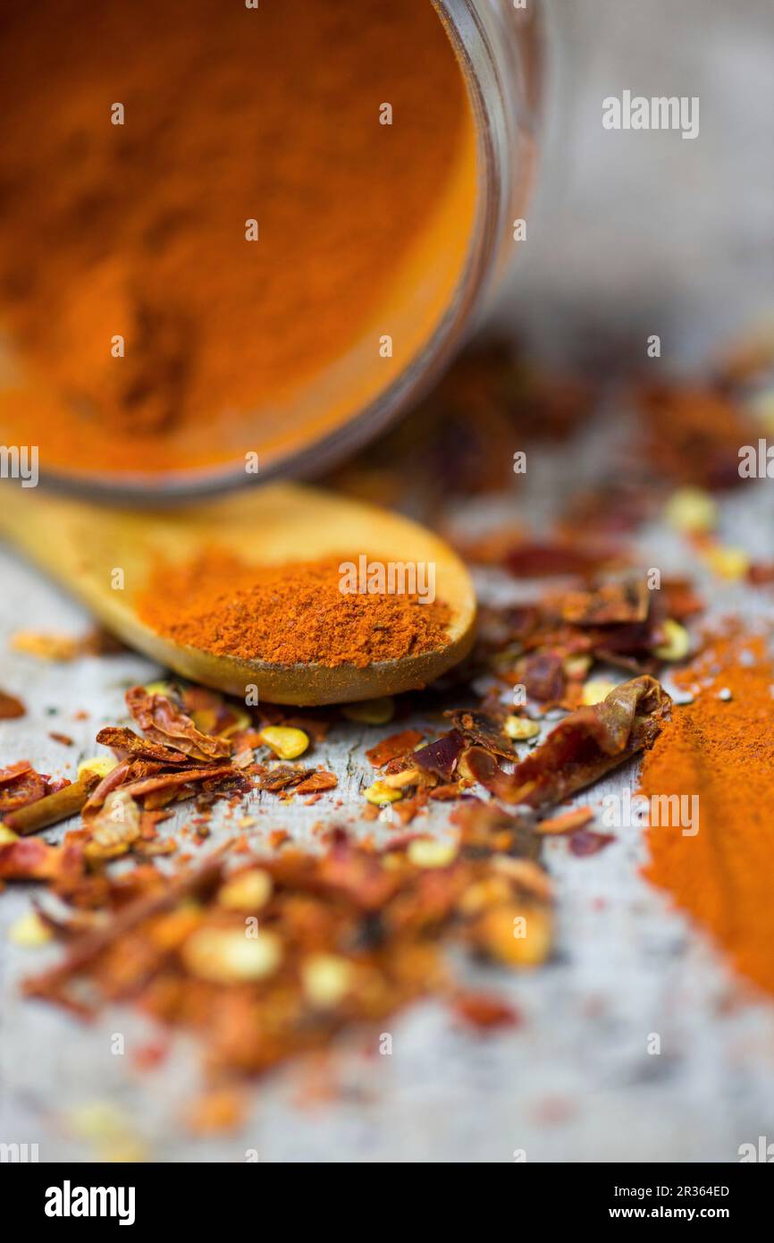 An arrangement of spices with chilli powder and chilli flakes Stock Photo