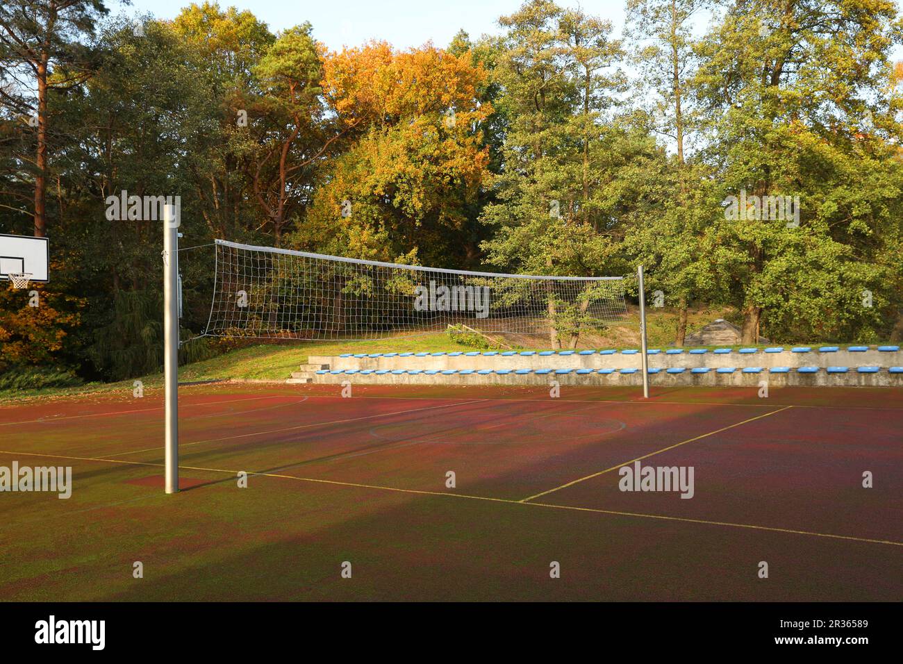 View of volleyball court with net outdoors Stock Photo Alamy